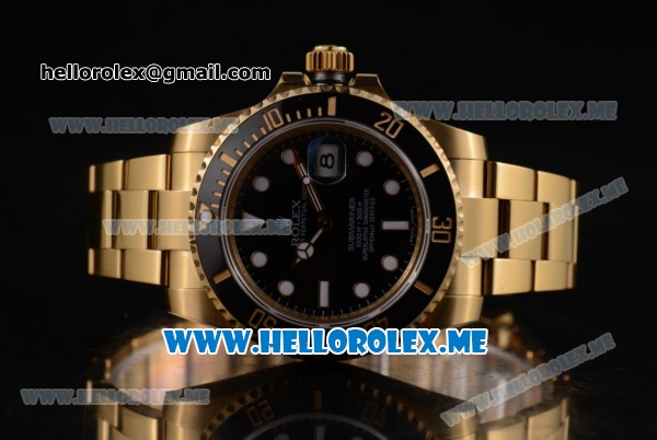 Rolex Submariner Clone Rolex 3135 Automatic Yellow Gold Case/Bracelet with Black Dial and Dot Markers - 1:1 Original (BP) - Click Image to Close